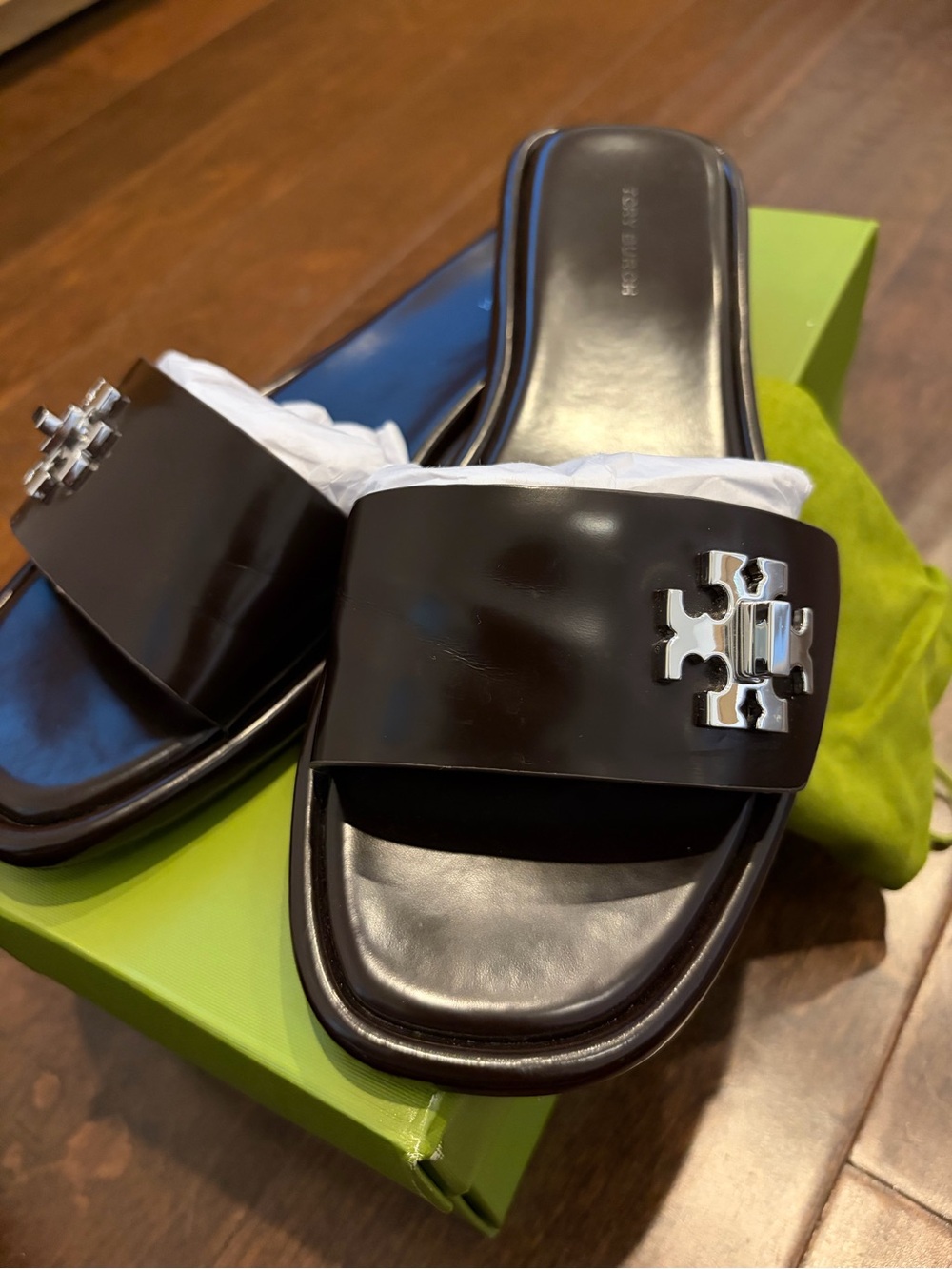 Tory Burch Black Patent Slide Sandals with Silver Logo Emblem